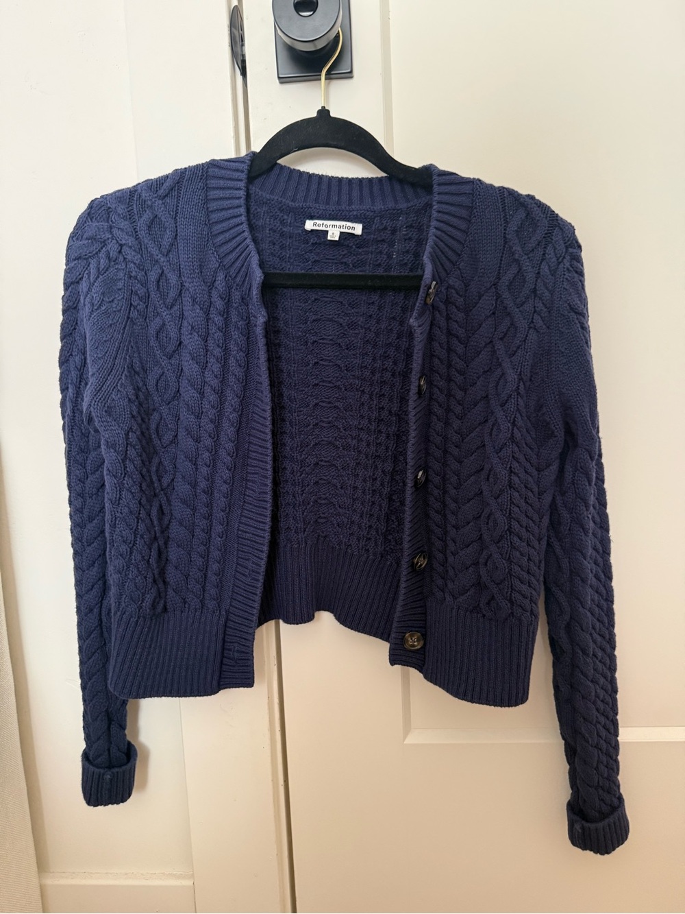 Reformation Navy Cable-Knit Cropped Cardigan Sweater, Size Small, Navy Blue